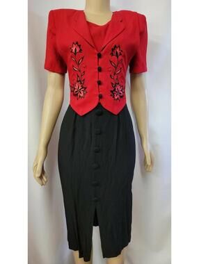 K PETITE Vintage Women’s  Dress with Attached Vest, Red and  Black, 6P EUC #C